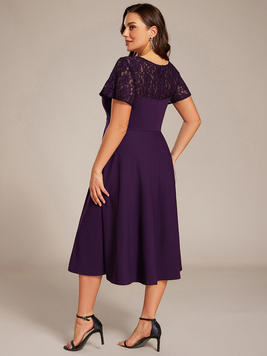 Sweetheart Neck Hollow Out Short Sleeve Midi Length Wedding Guest Dress With Pockets #color_Dark Purple