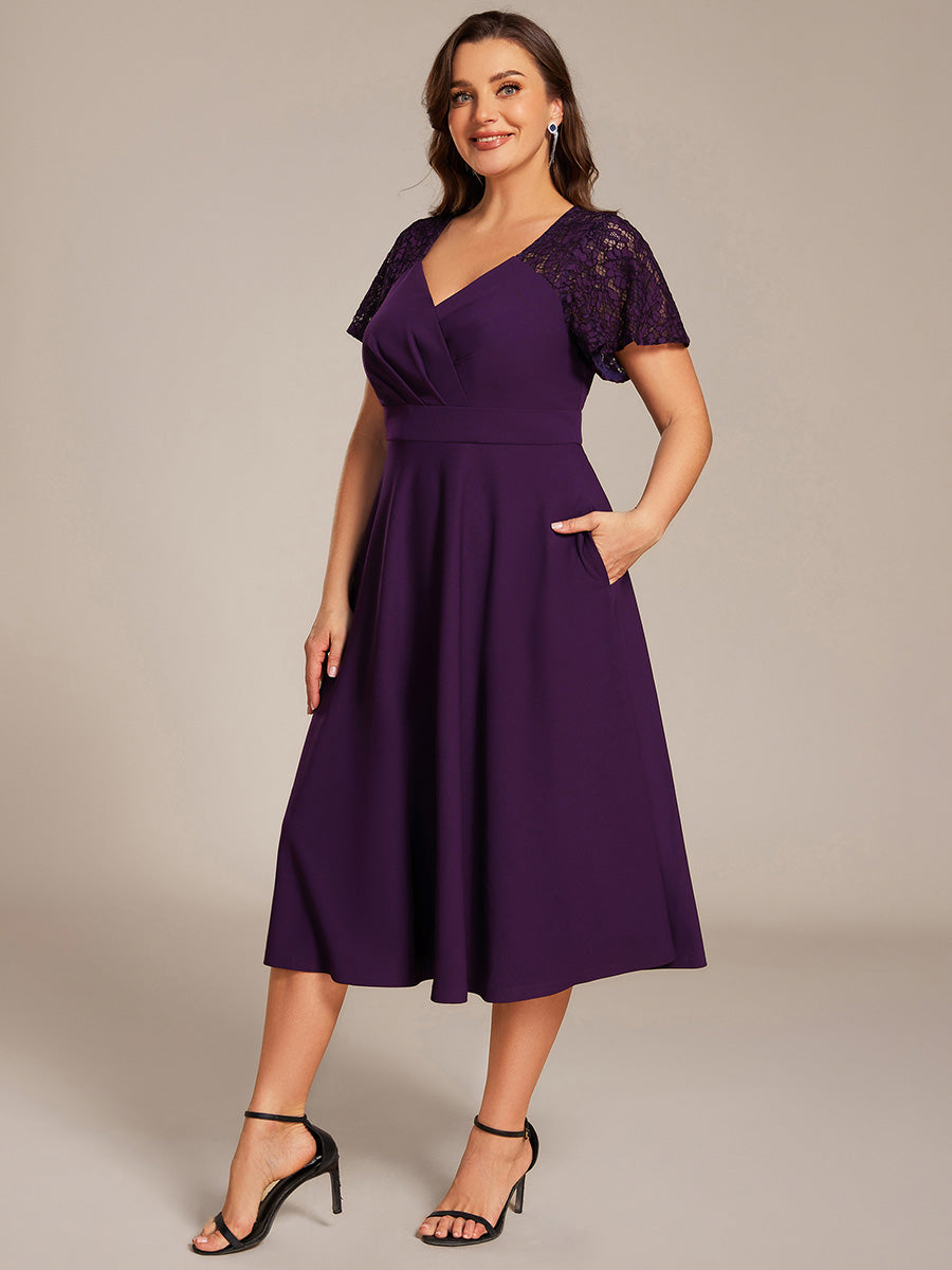 Sweetheart Neck Hollow Out Short Sleeve Midi Length Wedding Guest Dress With Pockets #color_Dark Purple