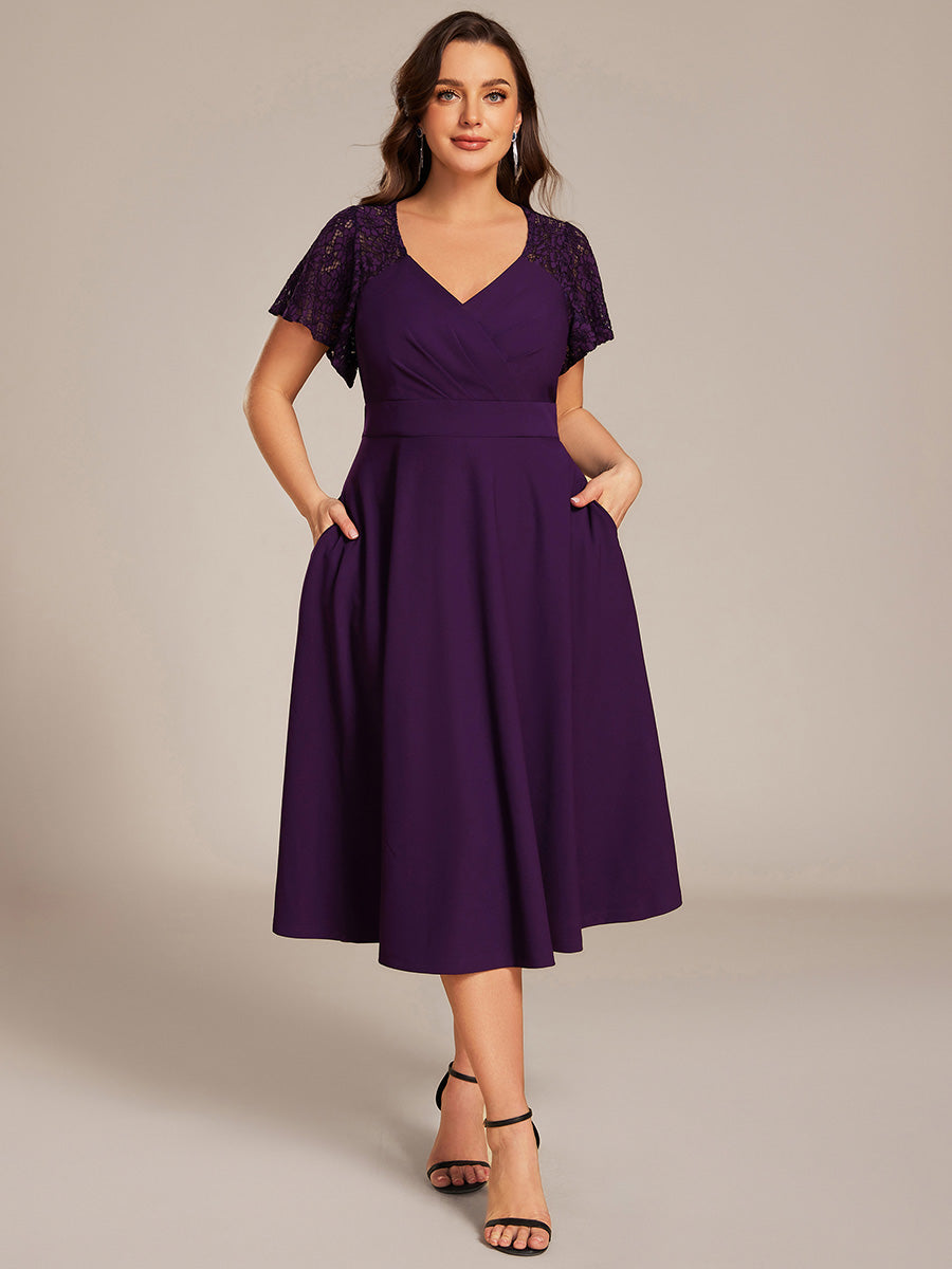 Sweetheart Neck Hollow Out Short Sleeve Midi Length Wedding Guest Dress With Pockets #color_Dark Purple