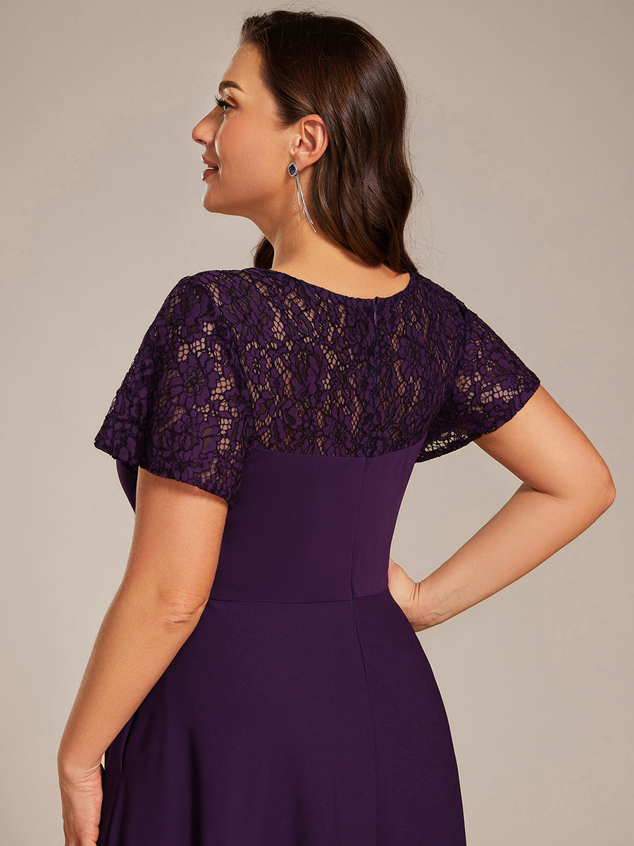 Sweetheart Neck Hollow Out Short Sleeve Midi Length Wedding Guest Dress With Pockets #color_Dark Purple