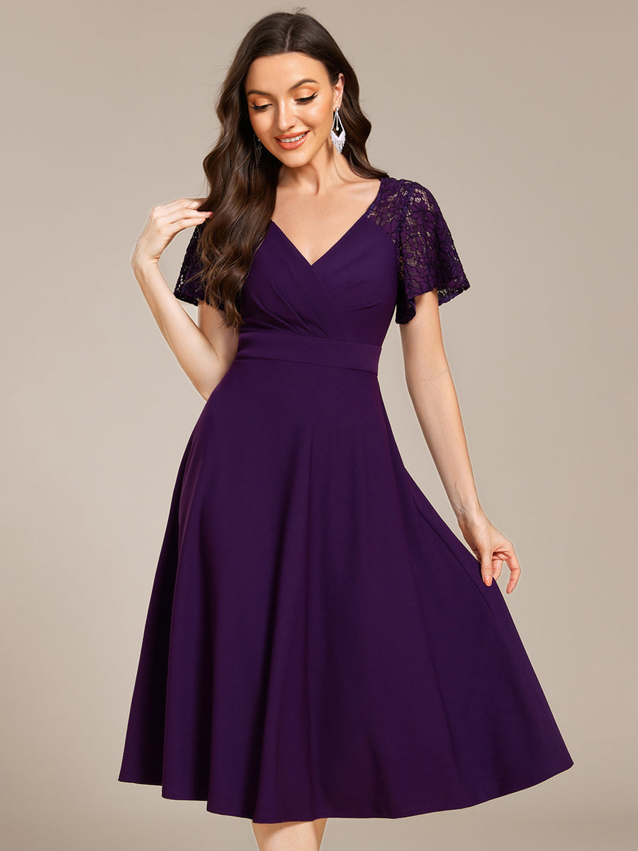 Sweetheart Neck Hollow Out Short Sleeve Midi Length Wedding Guest Dress With Pockets #color_Dark Purple