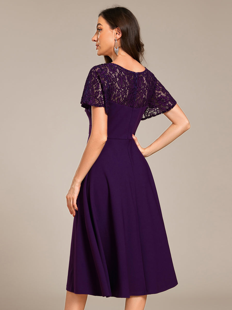 Sweetheart Neck Hollow Out Short Sleeve Midi Length Wedding Guest Dress With Pockets #color_Dark Purple