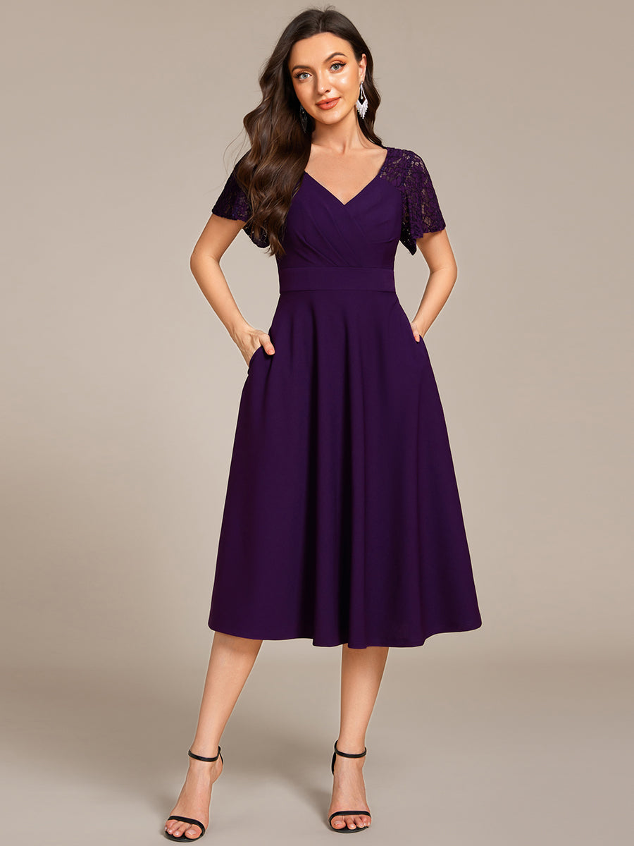 Sweetheart Neck Hollow Out Short Sleeve Midi Length Wedding Guest Dress With Pockets #color_Dark Purple