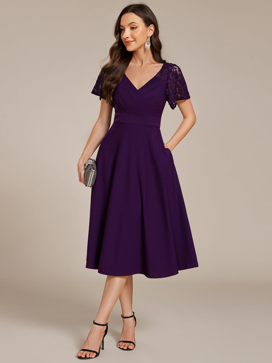 Sweetheart Neck Hollow Out Short Sleeve Midi Length Wedding Guest Dress With Pockets #color_Dark Purple