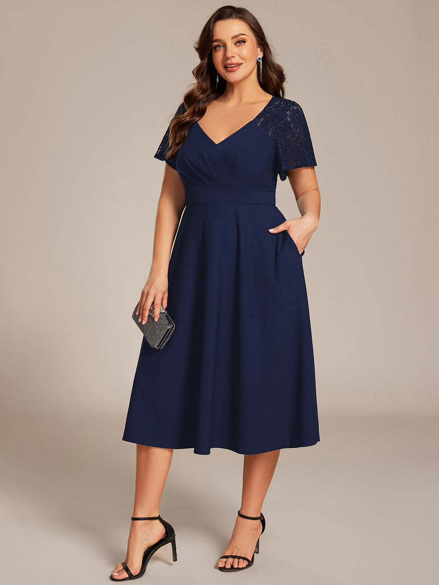 Sweetheart Neck Hollow Out Short Sleeve Midi Length Wedding Guest Dress With Pockets #color_Navy Blue