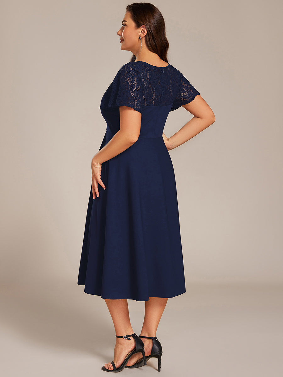 Sweetheart Neck Hollow Out Short Sleeve Midi Length Wedding Guest Dress With Pockets #color_Navy Blue