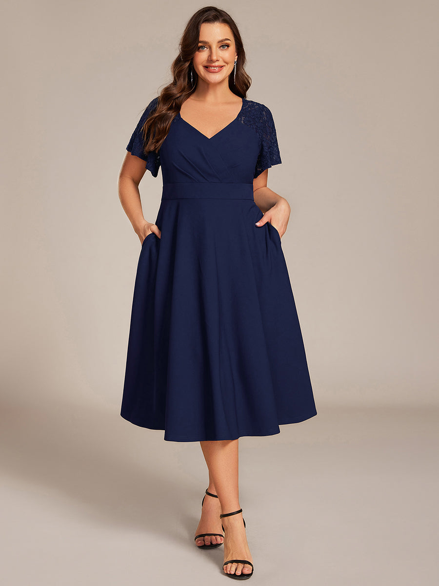 Sweetheart Neck Hollow Out Short Sleeve Midi Length Wedding Guest Dress With Pockets #color_Navy Blue