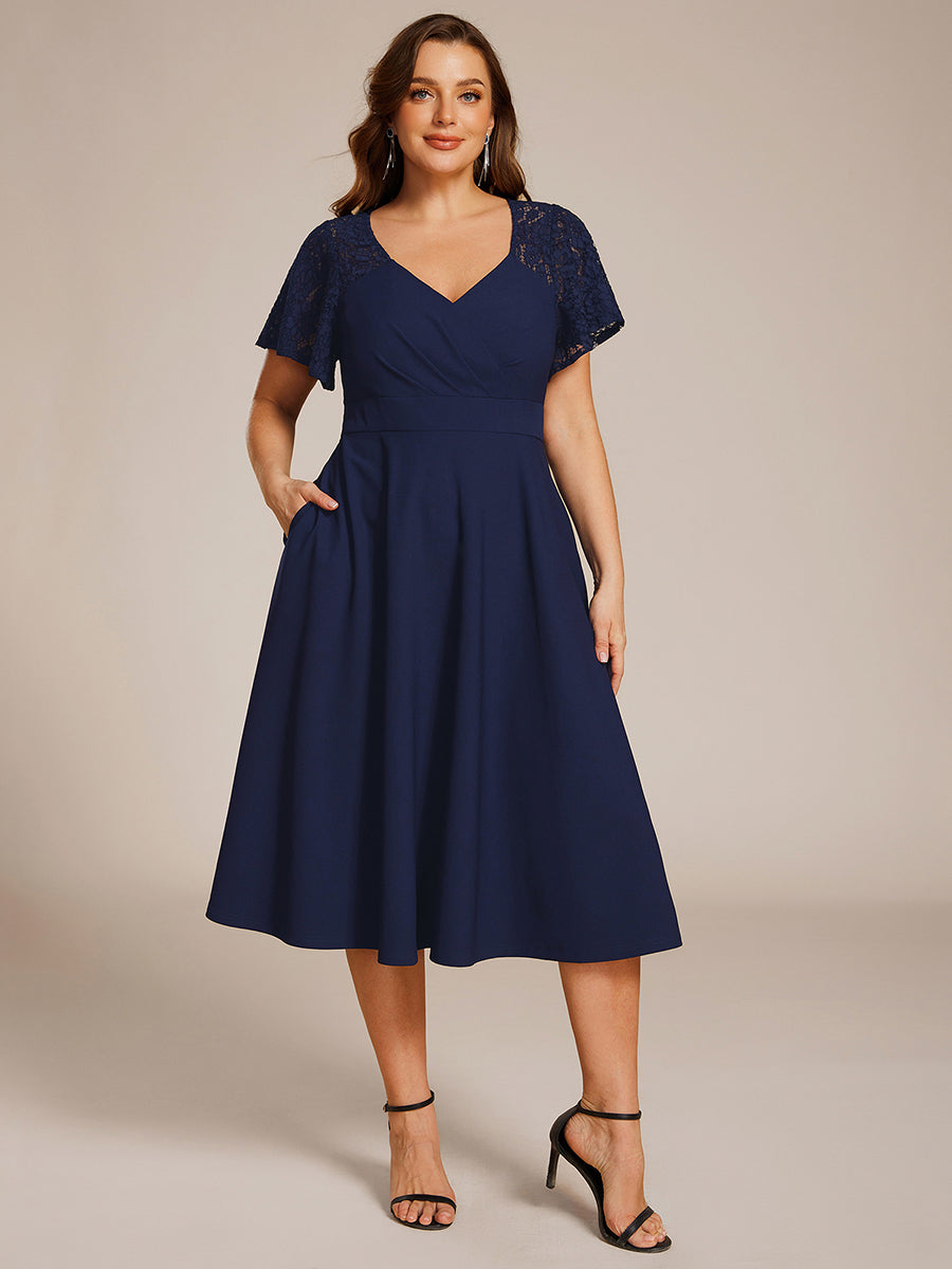 Sweetheart Neck Hollow Out Short Sleeve Midi Length Wedding Guest Dress With Pockets #color_Navy Blue