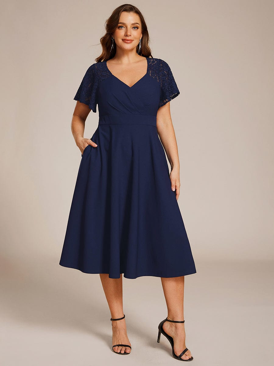 Plus Size Sweetheart Neck Hollow Out Midi Wedding Guest Dress With Pockets #color_Navy Blue