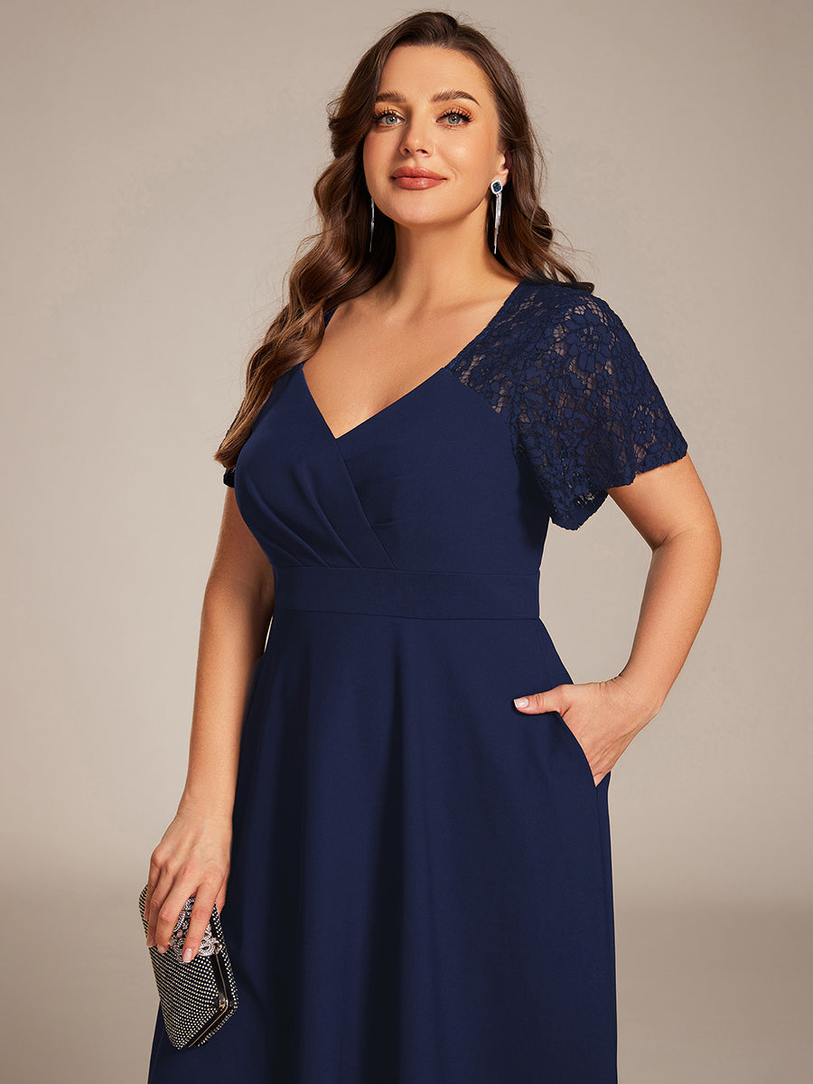 Sweetheart Neck Hollow Out Short Sleeve Midi Length Wedding Guest Dress With Pockets #color_Navy Blue