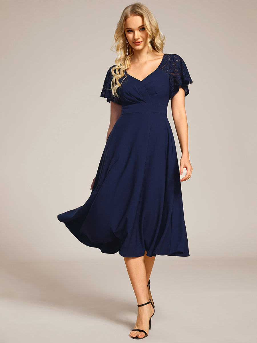 Sweetheart Neck Hollow Out Short Sleeve Midi Length Wedding Guest Dress With Pockets #color_Navy Blue