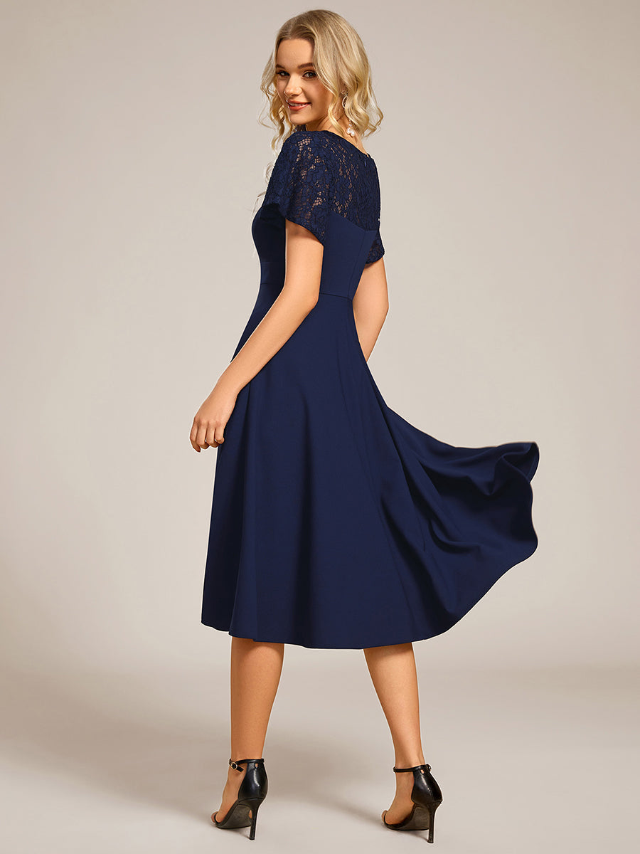 Sweetheart Neck Hollow Out Short Sleeve Midi Length Wedding Guest Dress With Pockets #color_Navy Blue