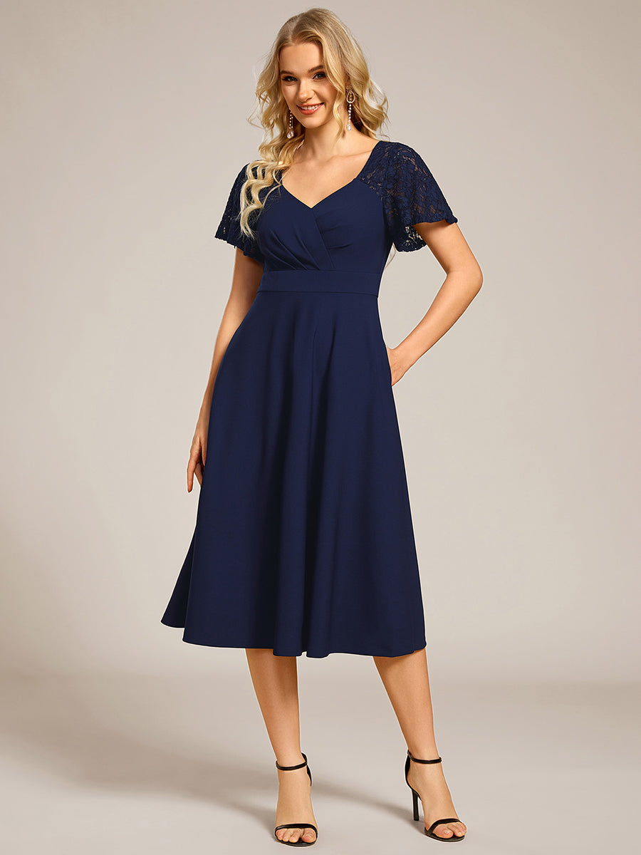 Sweetheart Neck Hollow Out Short Sleeve Midi Length Wedding Guest Dress With Pockets #color_Navy Blue