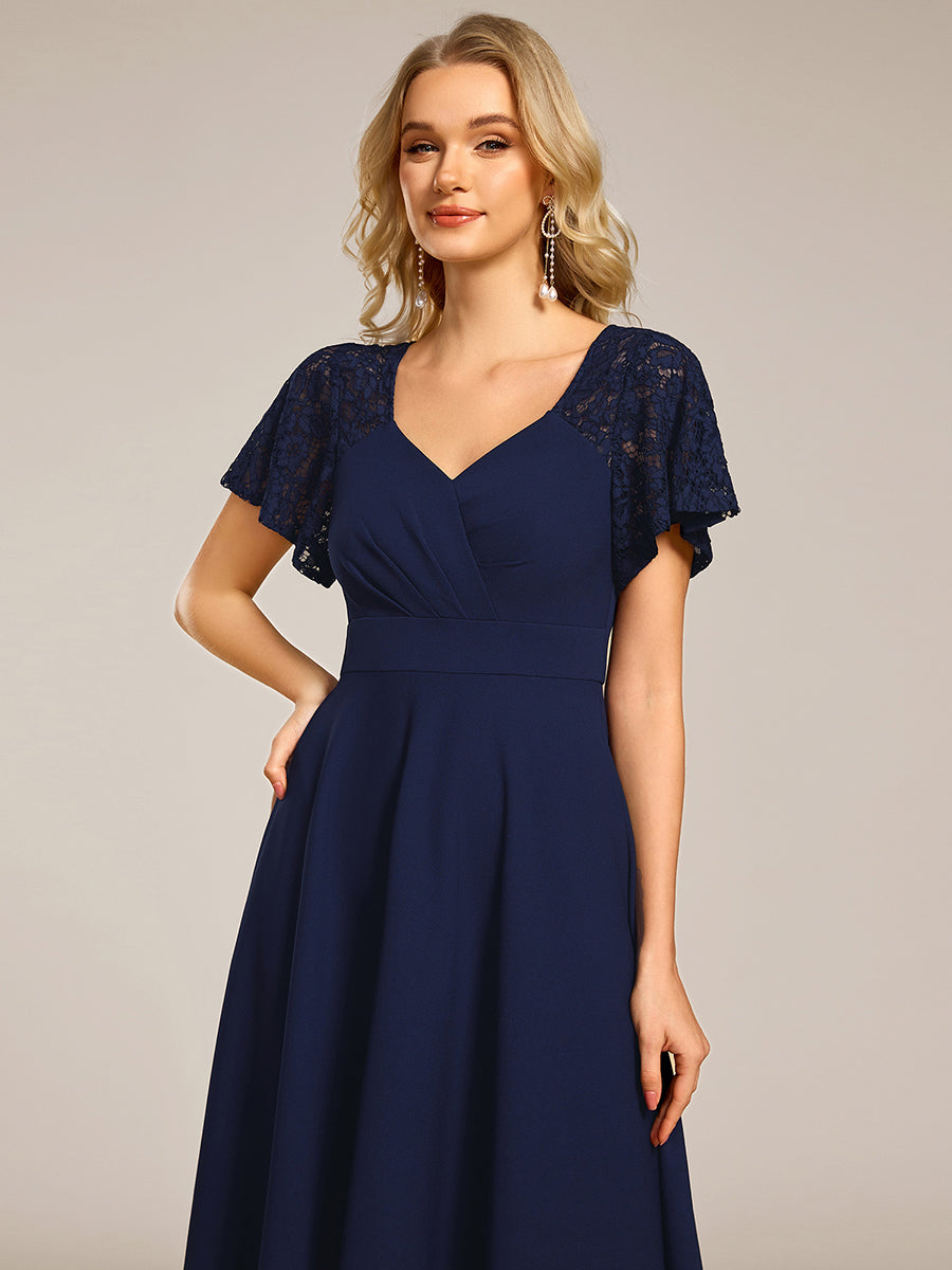 Sweetheart Neck Hollow Out Short Sleeve Midi Length Wedding Guest Dress With Pockets #color_Navy Blue