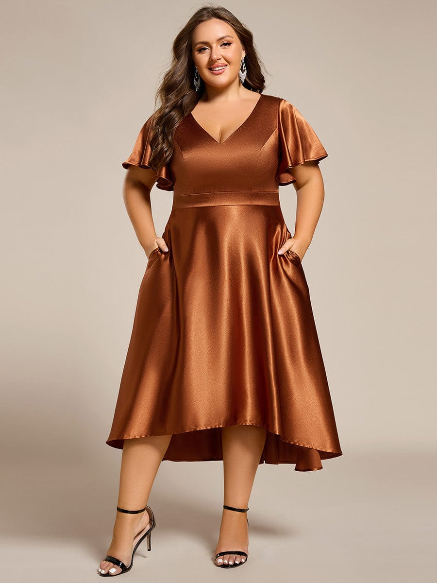 High-Low Satin Wedding Guest Dress with Pockets #color_Copper