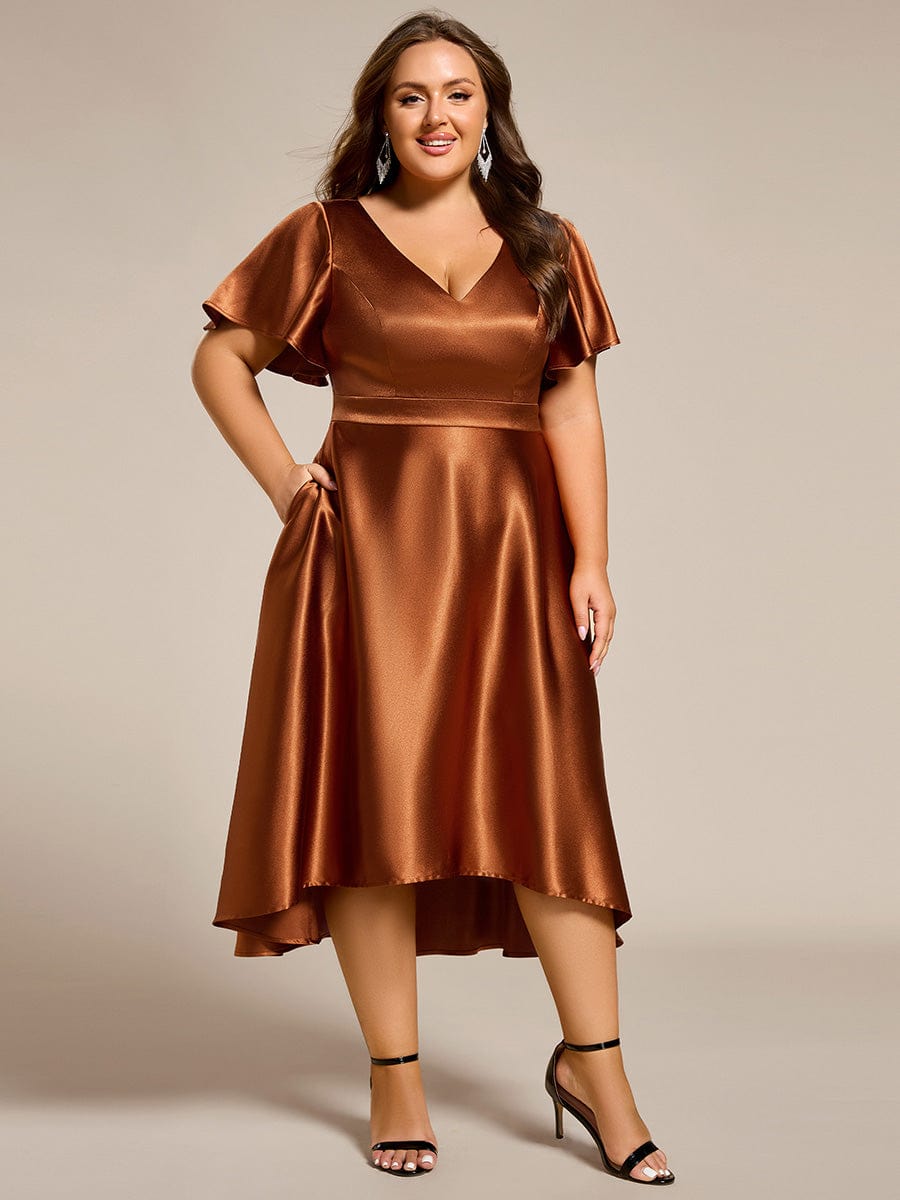 High-Low Satin Wedding Guest Dress with Pockets #color_Copper