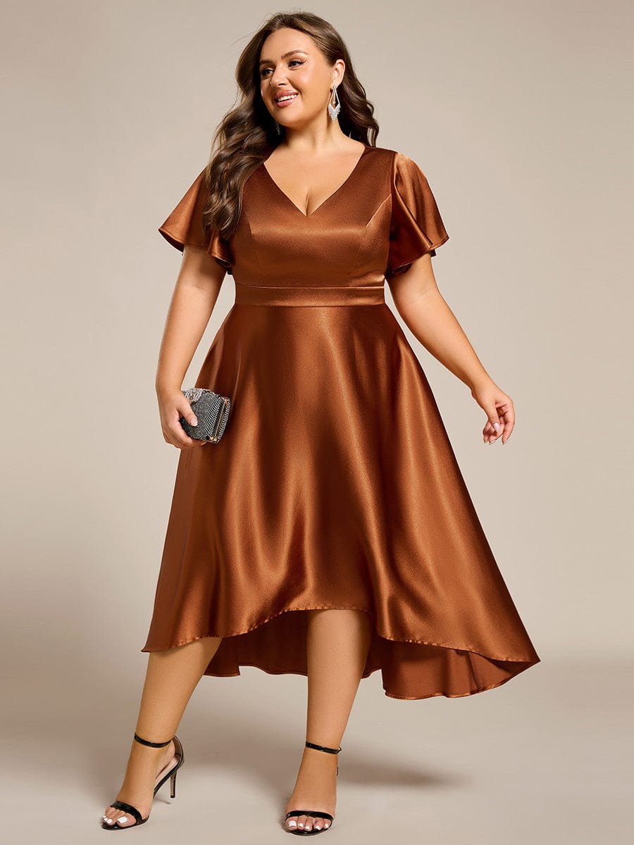 High-Low Satin Wedding Guest Dress with Pockets #color_Copper