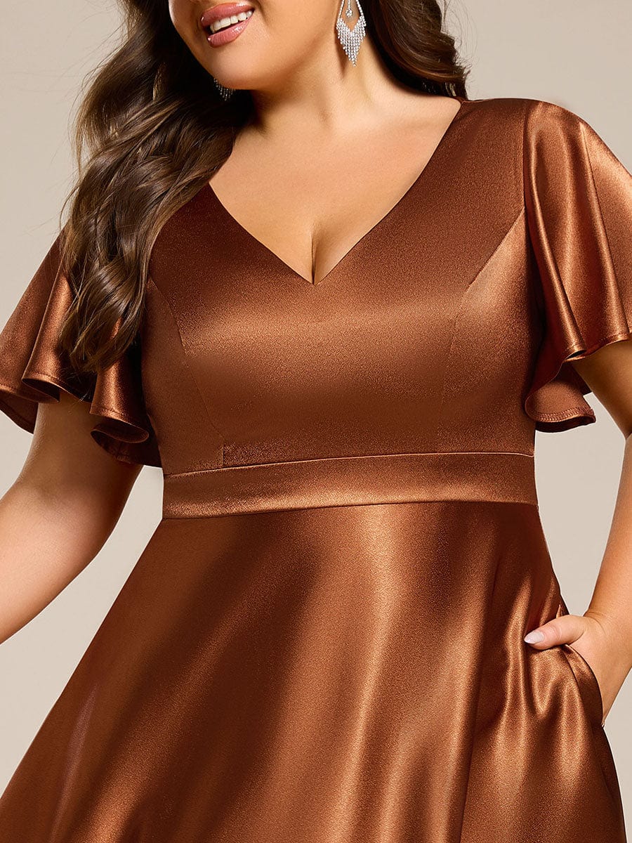 High-Low Satin Wedding Guest Dress with Pockets #color_Copper