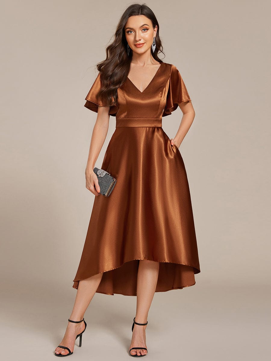 High-Low Satin Wedding Guest Dress with Pockets #color_Copper