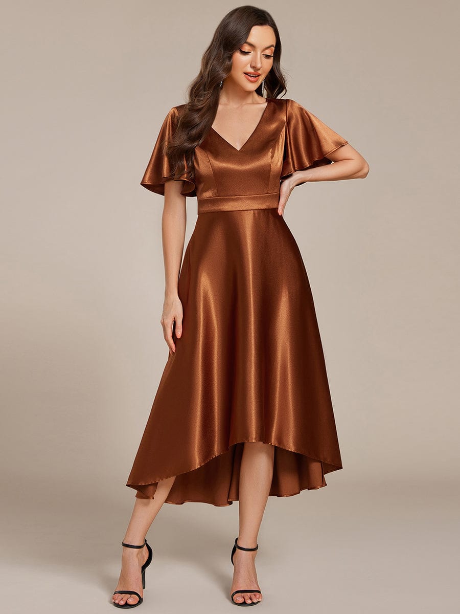 High-Low Satin Wedding Guest Dress with Pockets #color_Copper