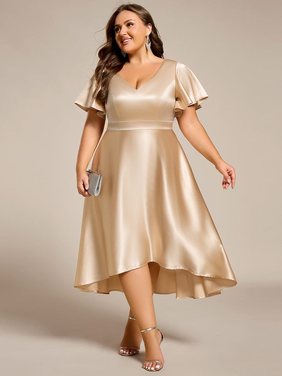 High-Low Satin Wedding Guest Dress with Pockets #color_Champagne