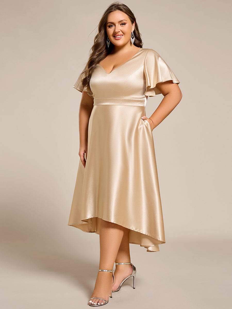 High-Low Satin Wedding Guest Dress with Pockets #color_Champagne