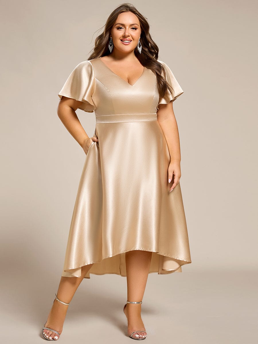 High-Low Satin Wedding Guest Dress with Pockets #color_Champagne