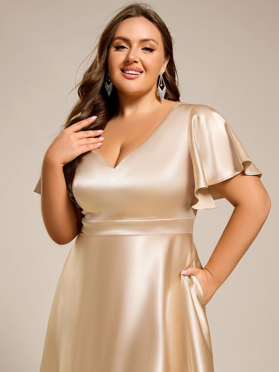 High-Low Satin Wedding Guest Dress with Pockets #color_Champagne