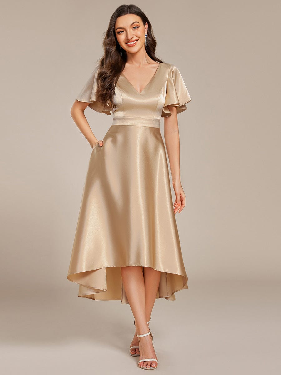 High-Low Satin Wedding Guest Dress with Pockets #color_Champagne