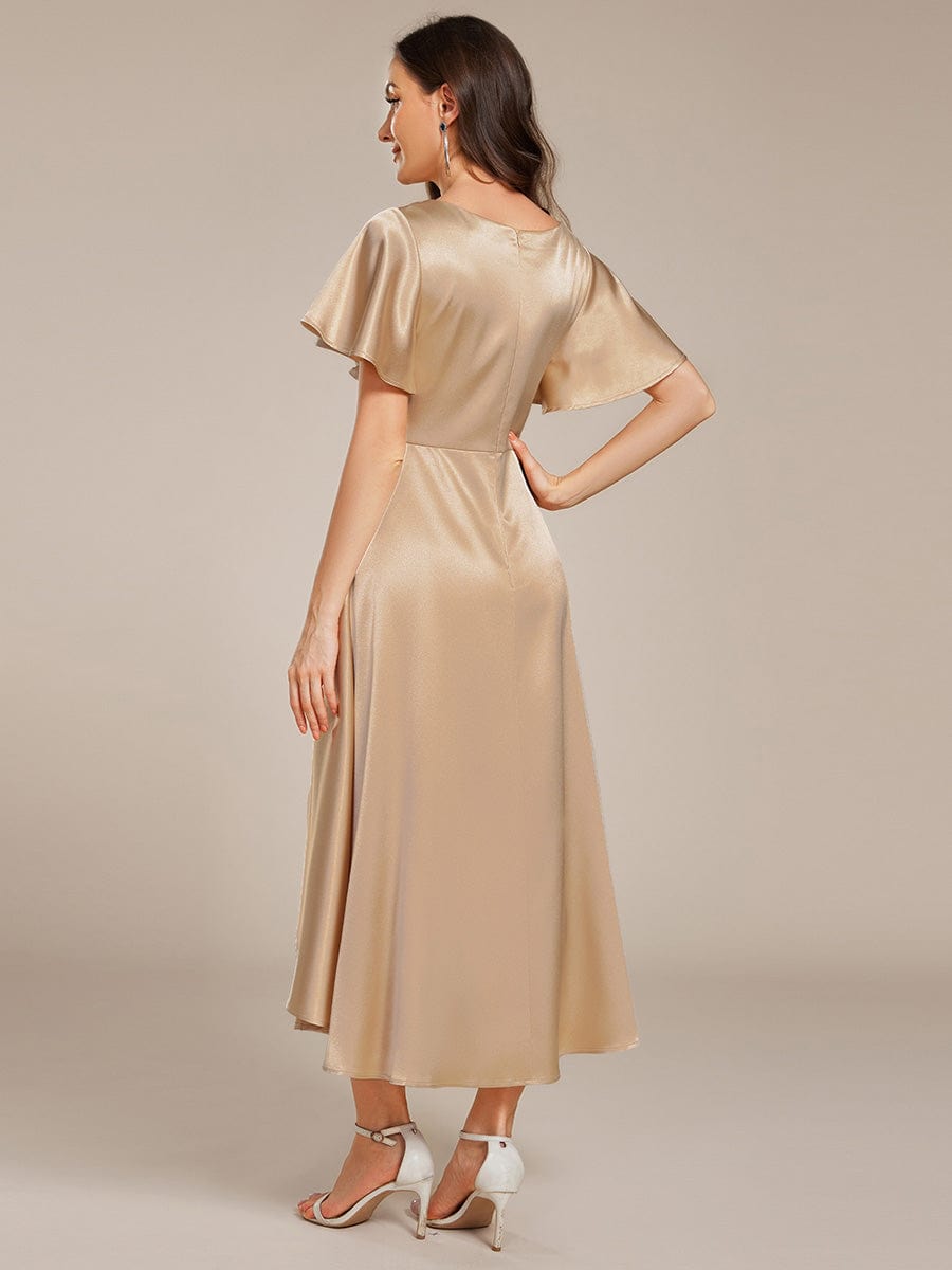 High-Low Satin Wedding Guest Dress with Pockets #color_Champagne