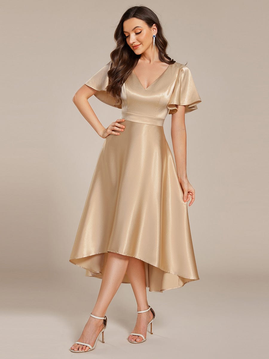 High-Low Satin Wedding Guest Dress with Pockets #color_Champagne