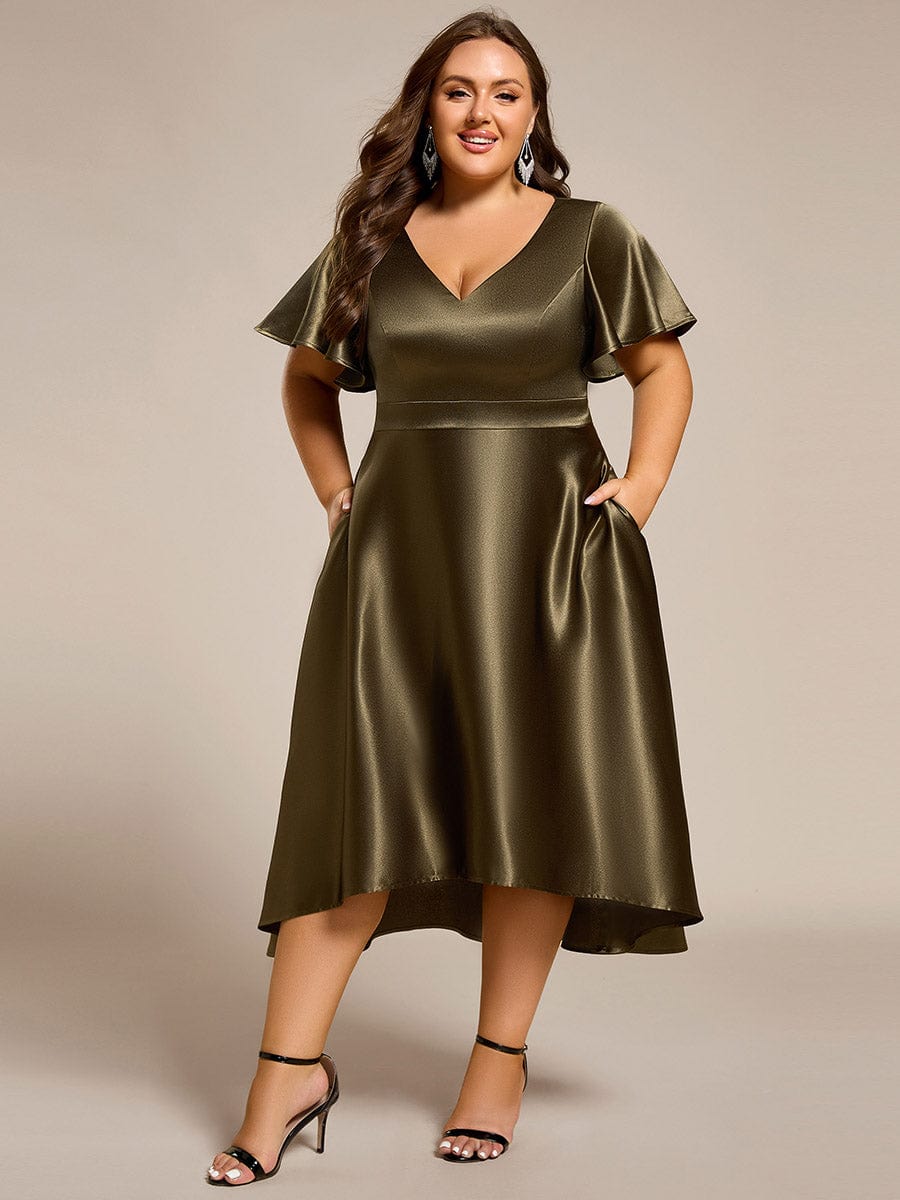 High-Low Satin Wedding Guest Dress with Pockets #color_Olive Green