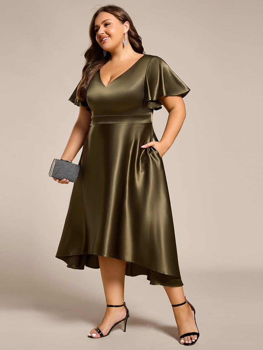 High-Low Satin Wedding Guest Dress with Pockets #color_Olive Green