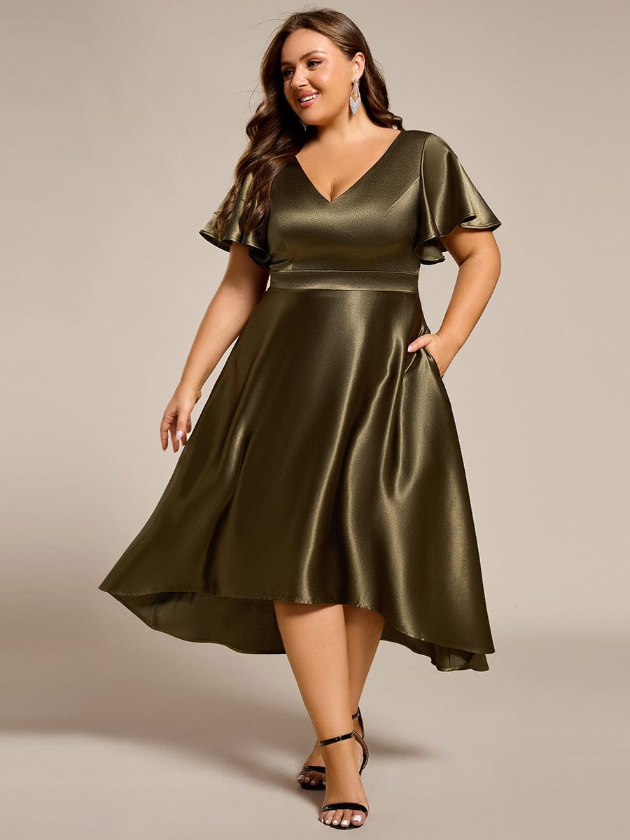 High-Low Satin Wedding Guest Dress with Pockets #color_Olive Green