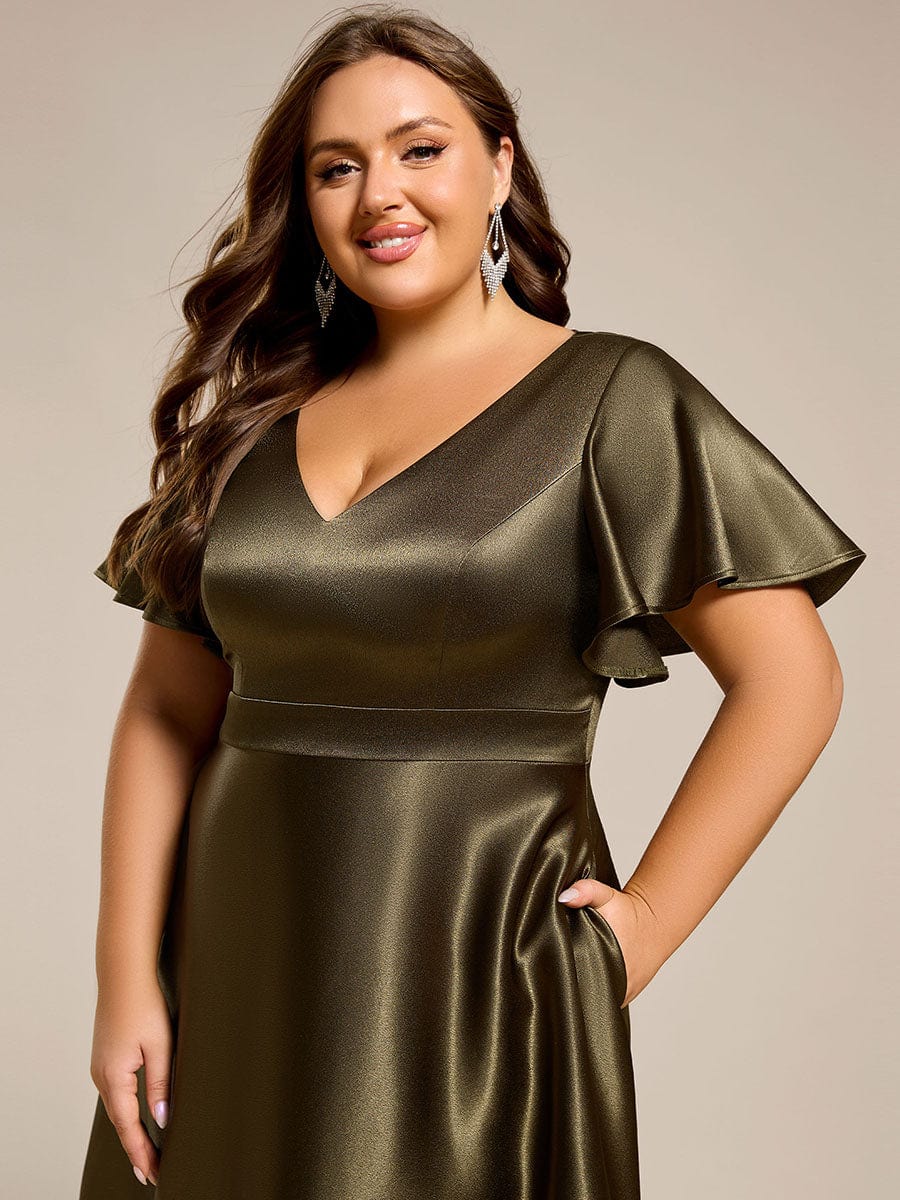 High-Low Satin Wedding Guest Dress with Pockets #color_Olive Green