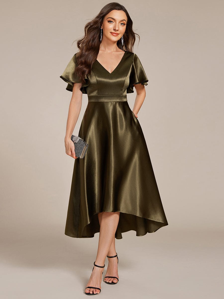 High-Low Satin Wedding Guest Dress with Pockets #color_Olive Green