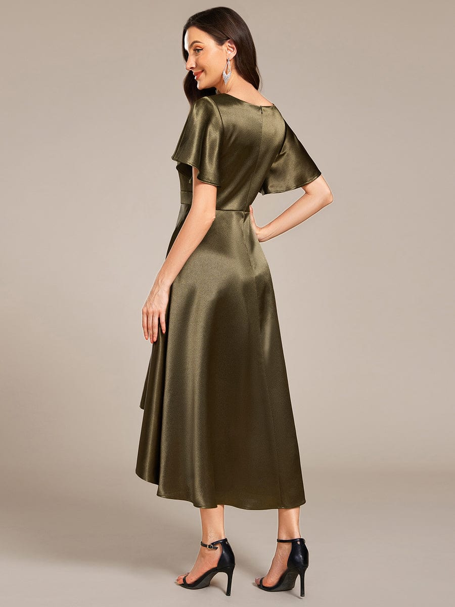 High-Low Satin Wedding Guest Dress with Pockets #color_Olive Green