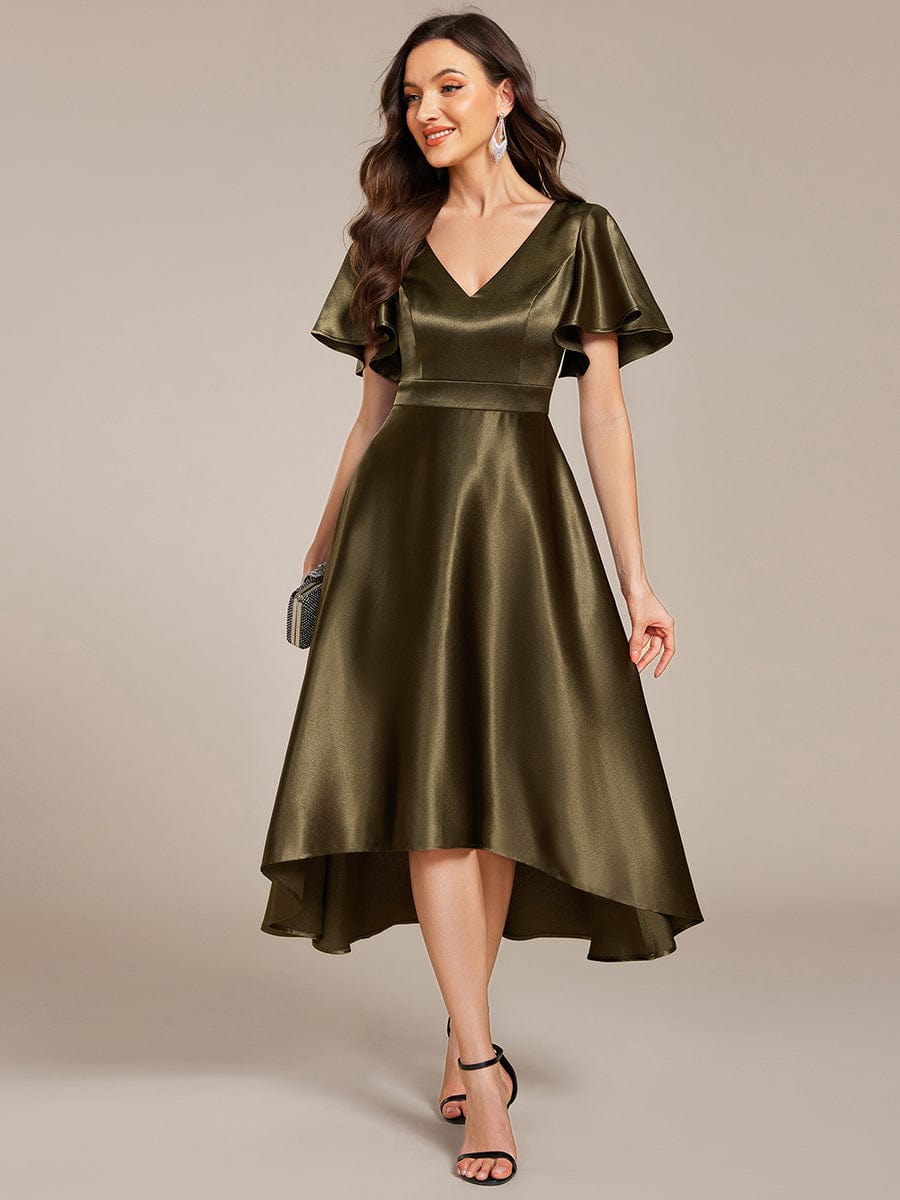 High-Low Satin Wedding Guest Dress with Pockets #color_Olive Green