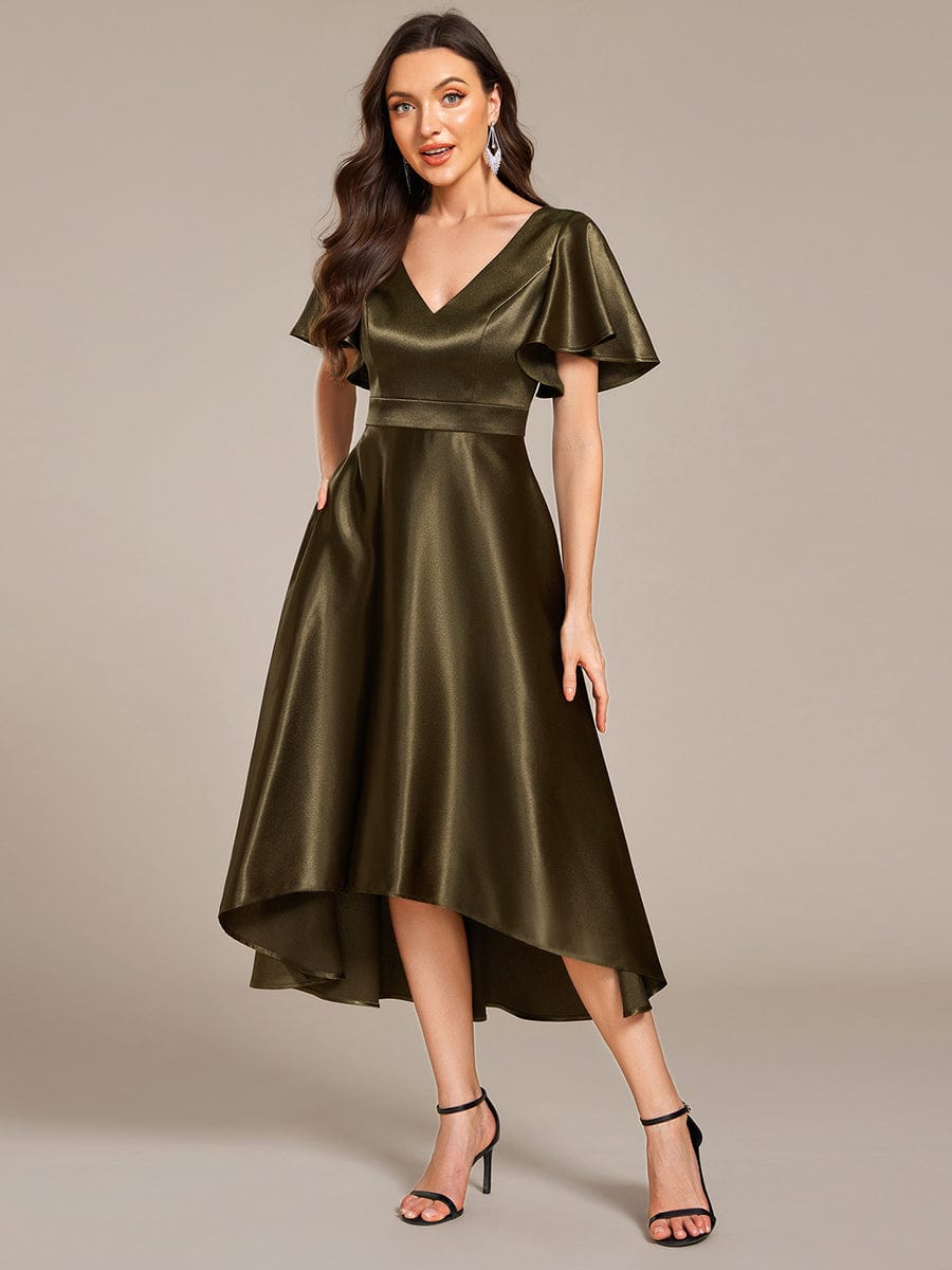 High-Low Satin Wedding Guest Dress with Pockets #color_Olive Green