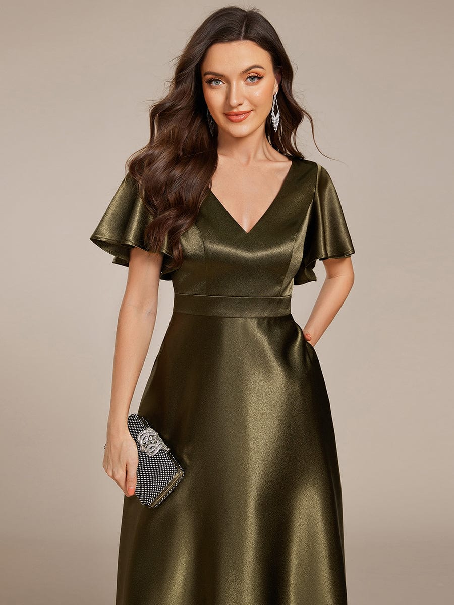 High-Low Satin Wedding Guest Dress with Pockets #color_Olive Green