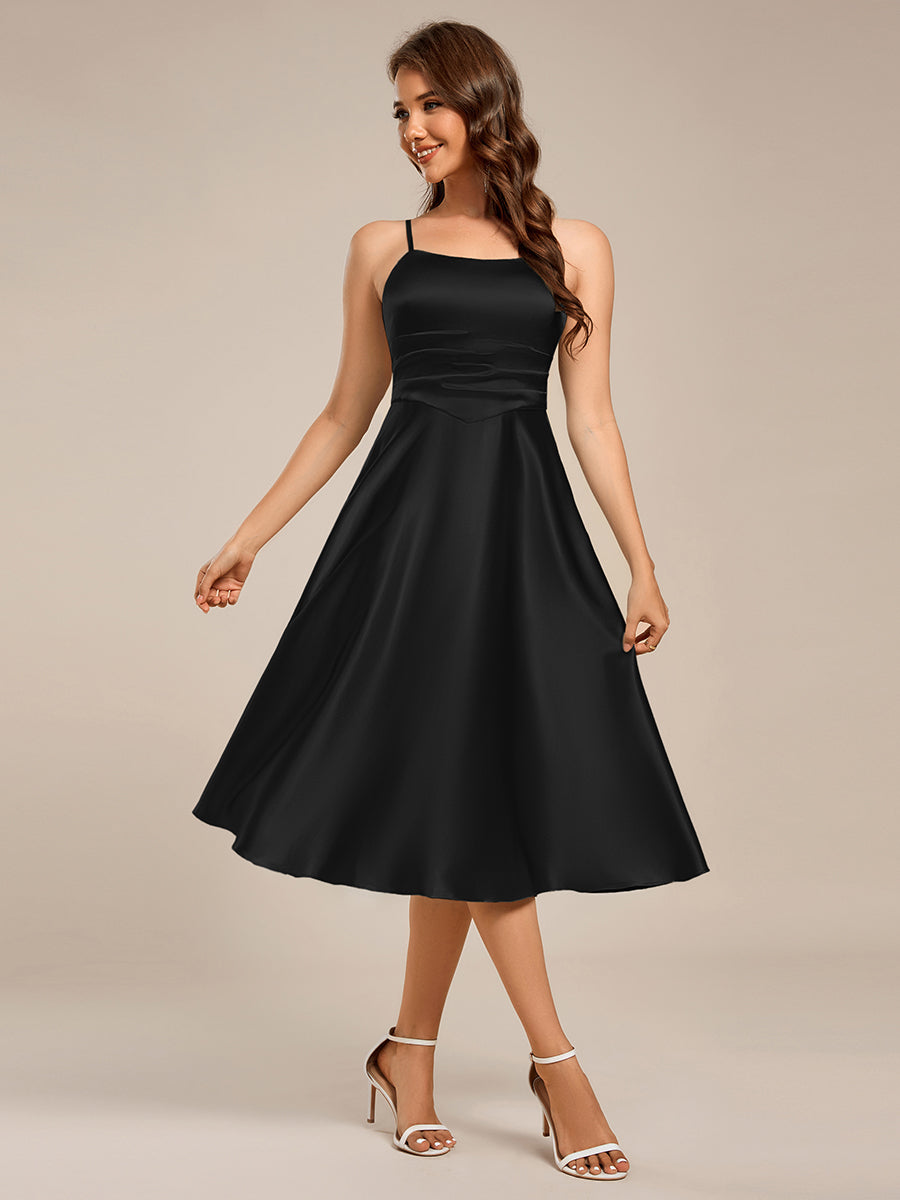 Pleated Adjustable Strap Midi Length Sleeveless Satin Wedding Guest Dress #color_Black