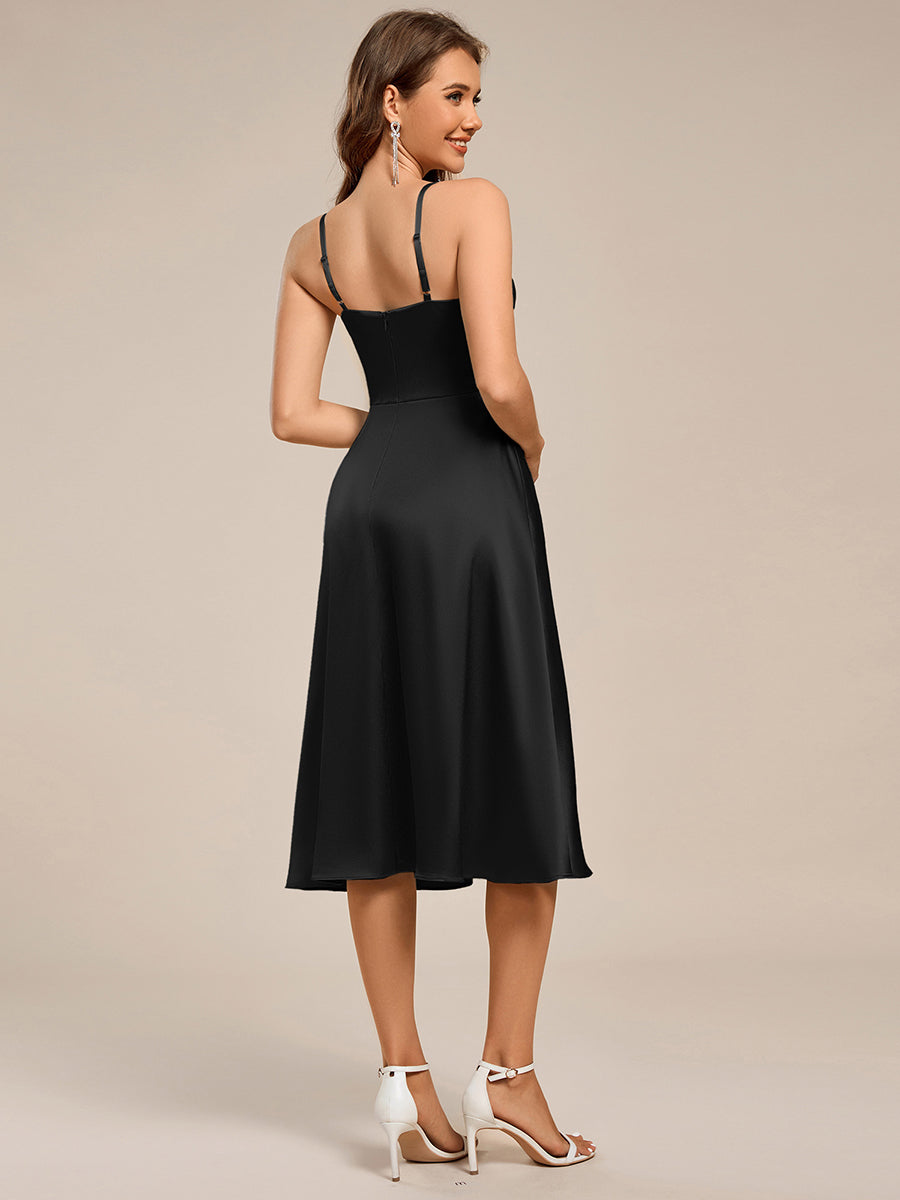 Pleated Adjustable Strap Midi Length Sleeveless Satin Wedding Guest Dress #color_Black