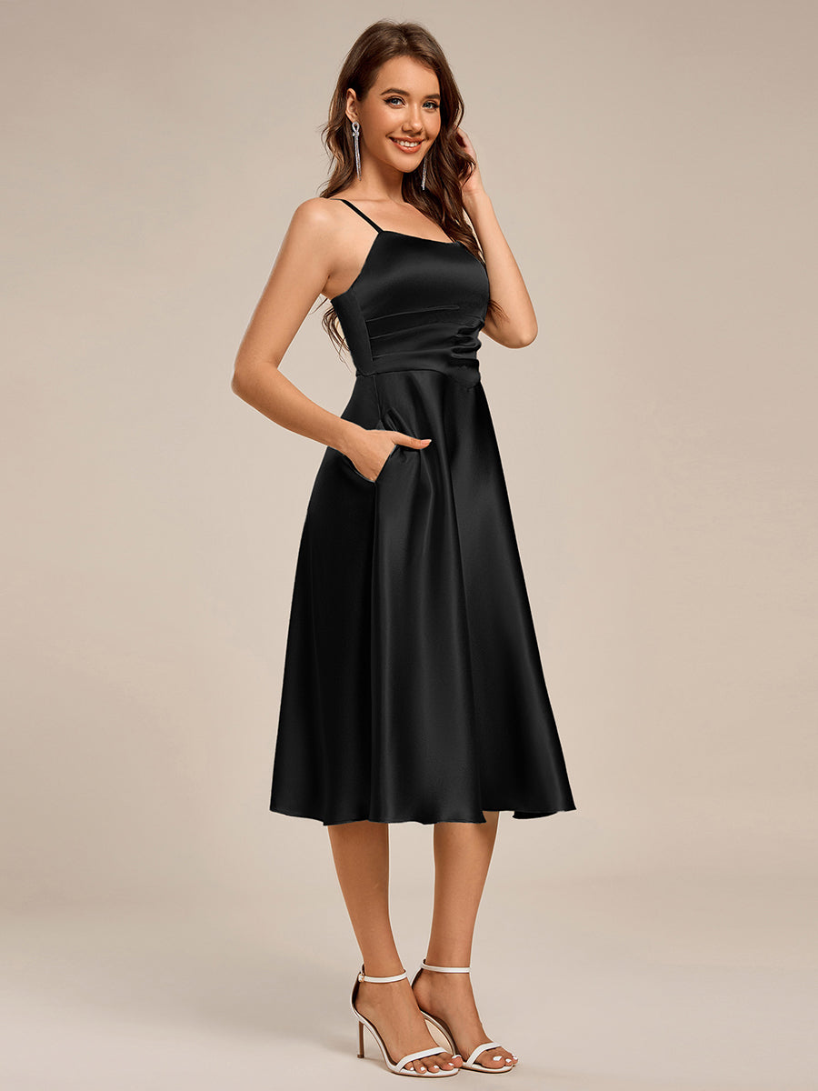 Pleated Adjustable Strap Midi Length Sleeveless Satin Wedding Guest Dress #color_Black