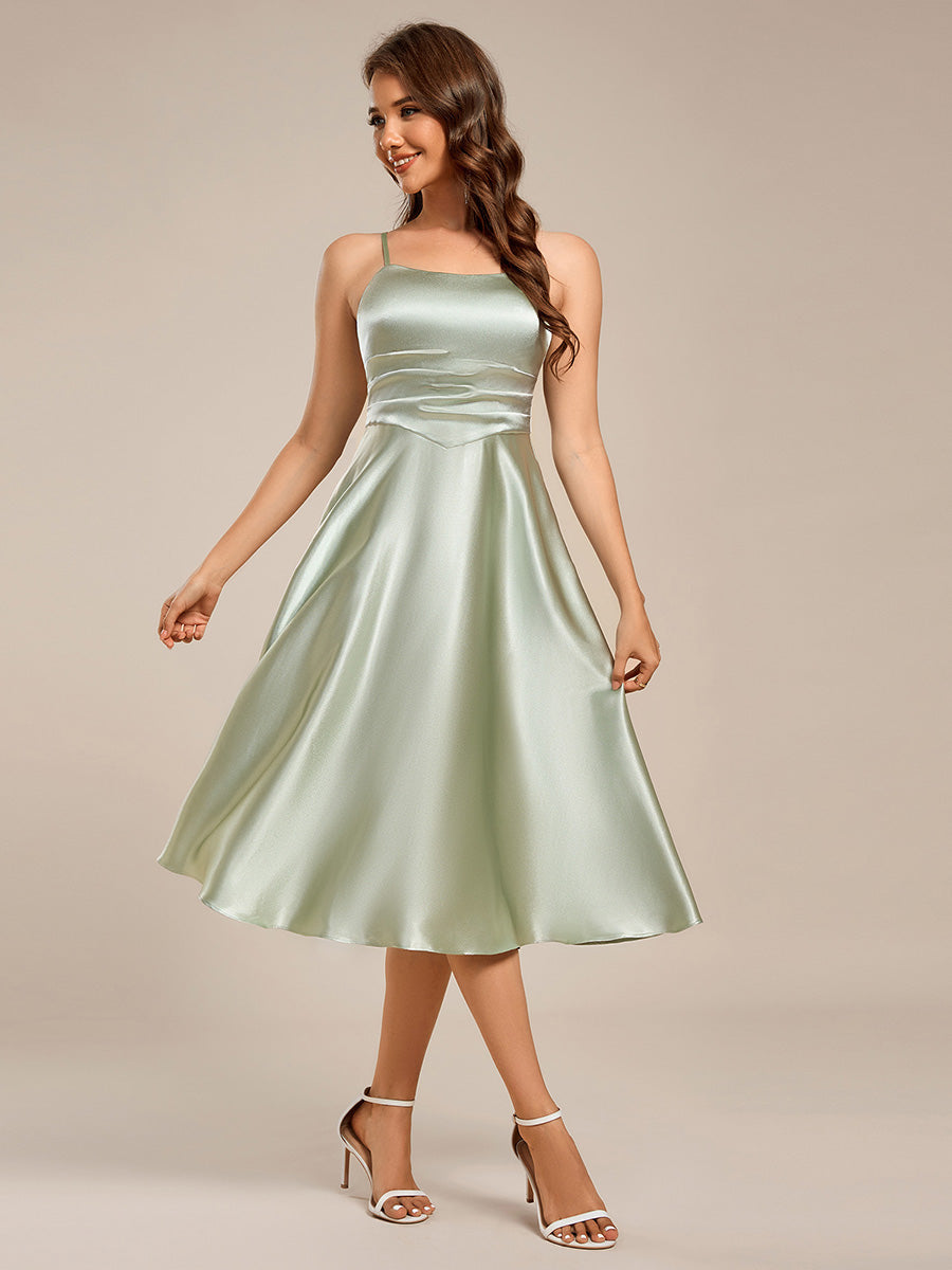 Pleated Adjustable Strap Midi Length Sleeveless Satin Wedding Guest Dress #color_Mint Green