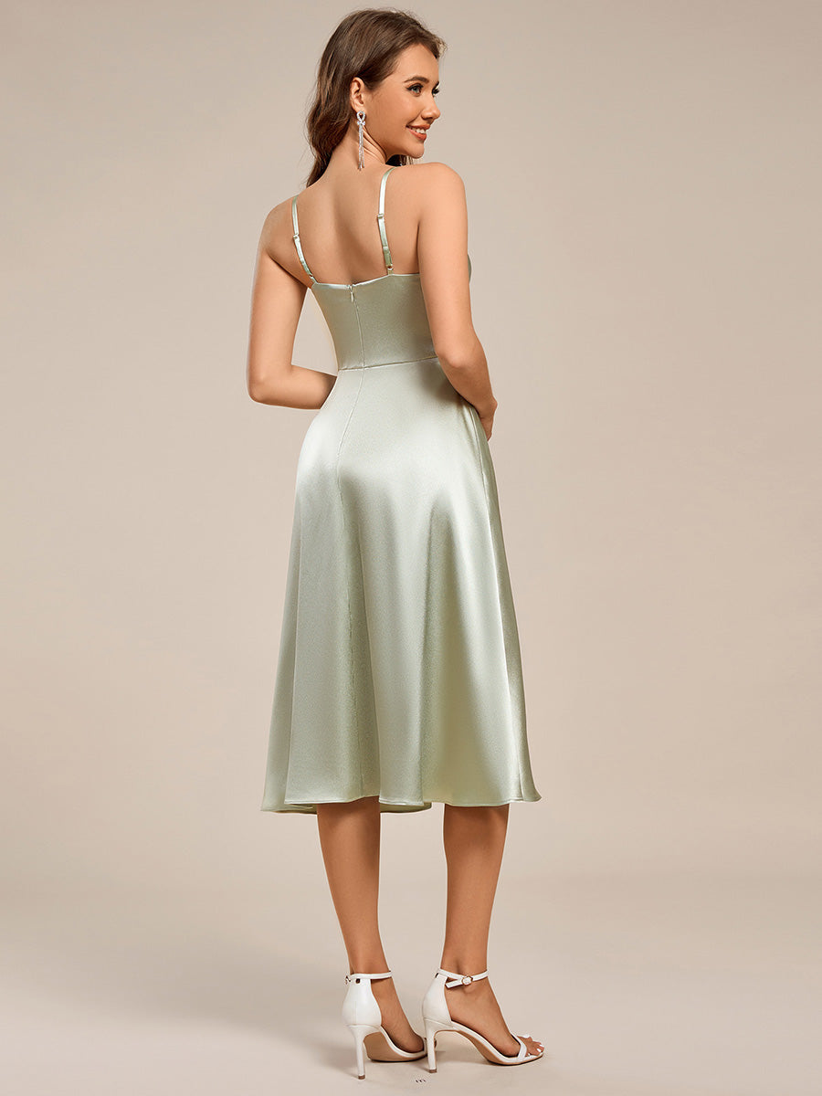 Pleated Adjustable Strap Midi Length Sleeveless Satin Wedding Guest Dress #color_Mint Green