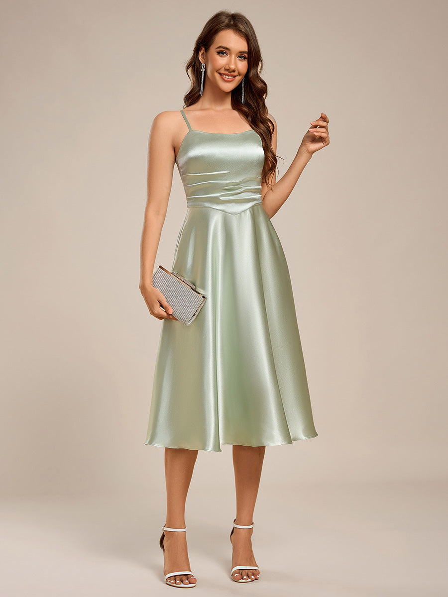 Pleated Adjustable Strap Midi Length Sleeveless Satin Wedding Guest Dress #color_Mint Green