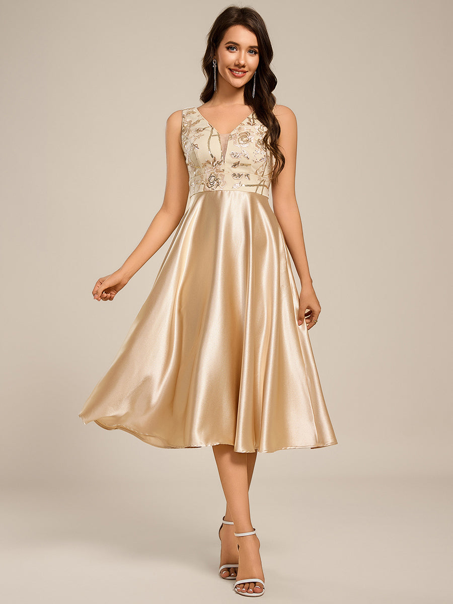 Deep V Neck Sequins Satin Sleeveless Midi Length Wedding Guest Dress #color_Champagne