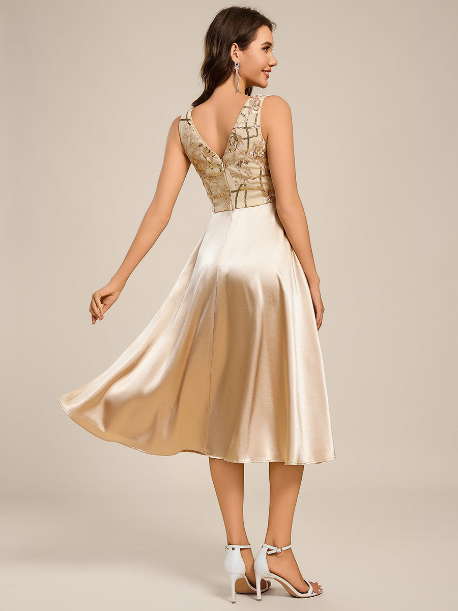 Deep V Neck Sequins Satin Sleeveless Midi Length Wedding Guest Dress #color_Champagne