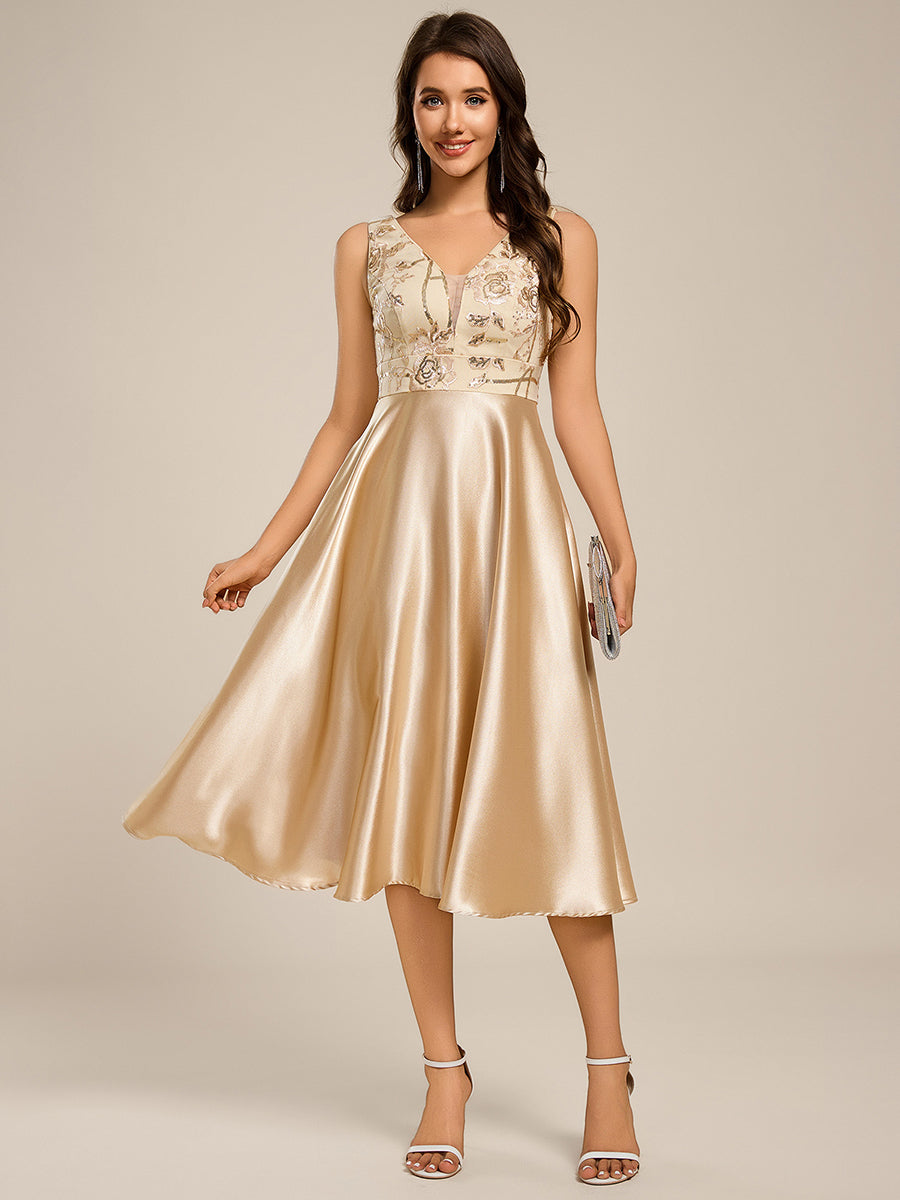 Deep V Neck Sequins Satin Sleeveless Midi Length Wedding Guest Dress #color_Champagne