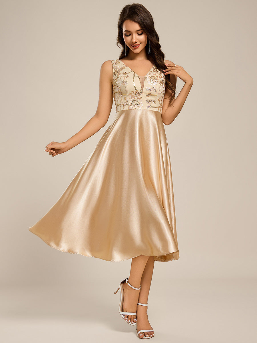 Deep V Neck Sequins Satin Sleeveless Midi Length Wedding Guest Dress #color_Champagne